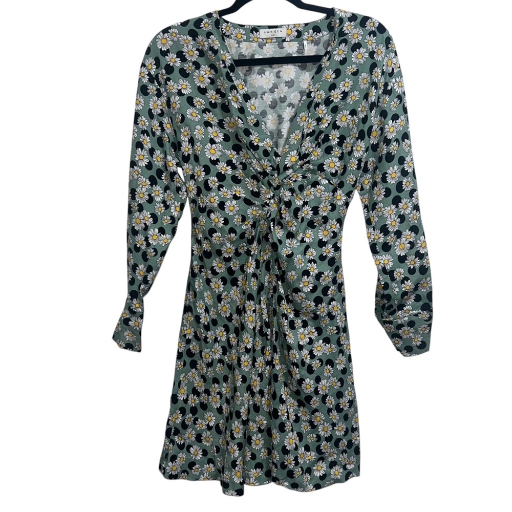 Sandro Angele Floral Print Polka Dot Linen Mini Dress Sage Green - Picture 4 of 13